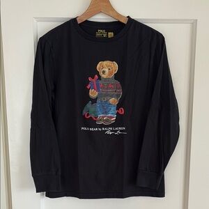 Polo by Ralph Lauren Kids Black Long Sleeve Tee with Bear Holding Gift